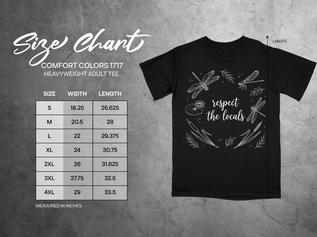 Comfort Colors 1717 heavyweight adult tee size chart with width and length measurements.
