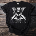 Black t-shirt with Viking warrior illustration making a heart shape.