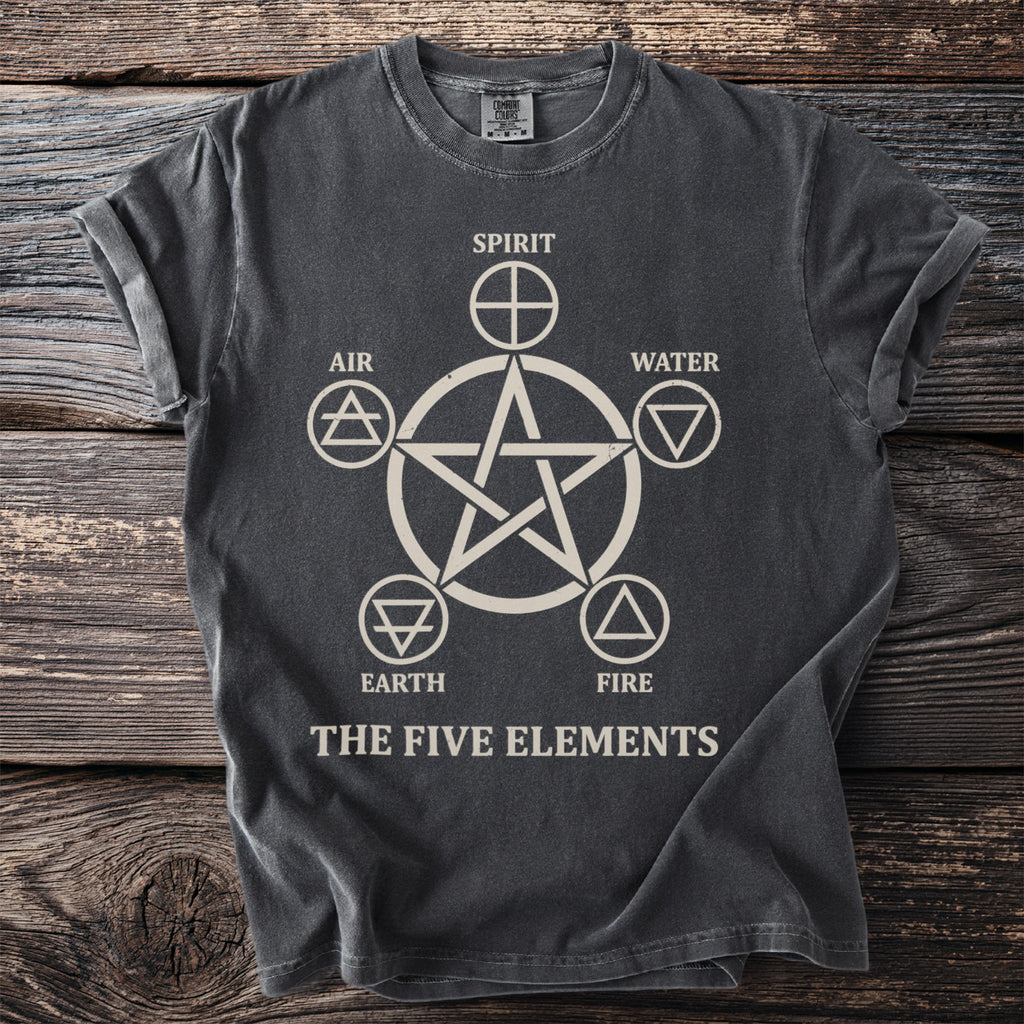 Dark gray t-shirt with a beige pentagram, spirit, air, water, earth, and fire symbols.