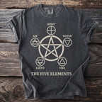 Dark gray t-shirt with a beige pentagram, spirit, air, water, earth, and fire symbols.