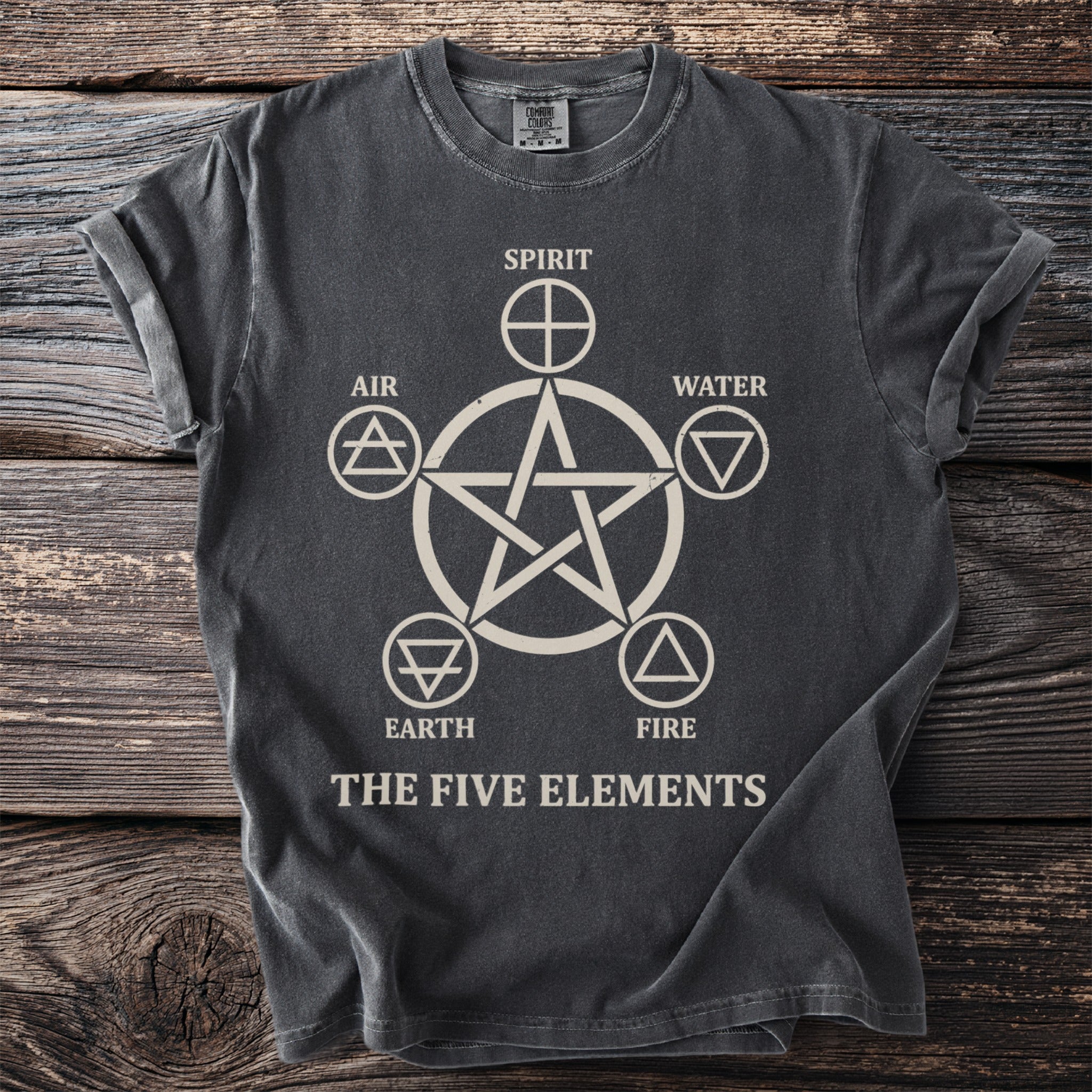 Dark gray t-shirt with a beige pentagram, spirit, air, water, earth, and fire symbols.