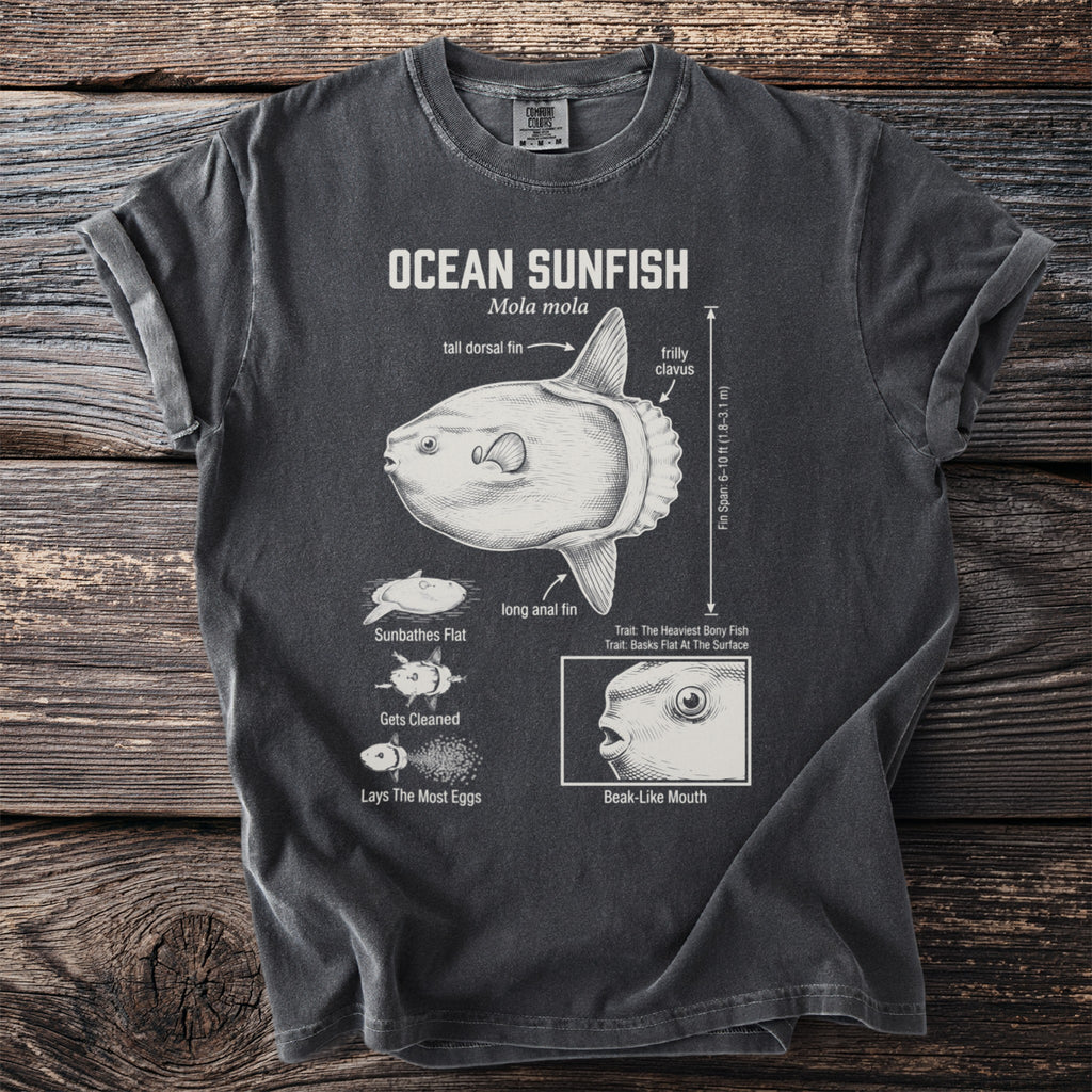 T-shirt with an illustration of an ocean sunfish and its features.