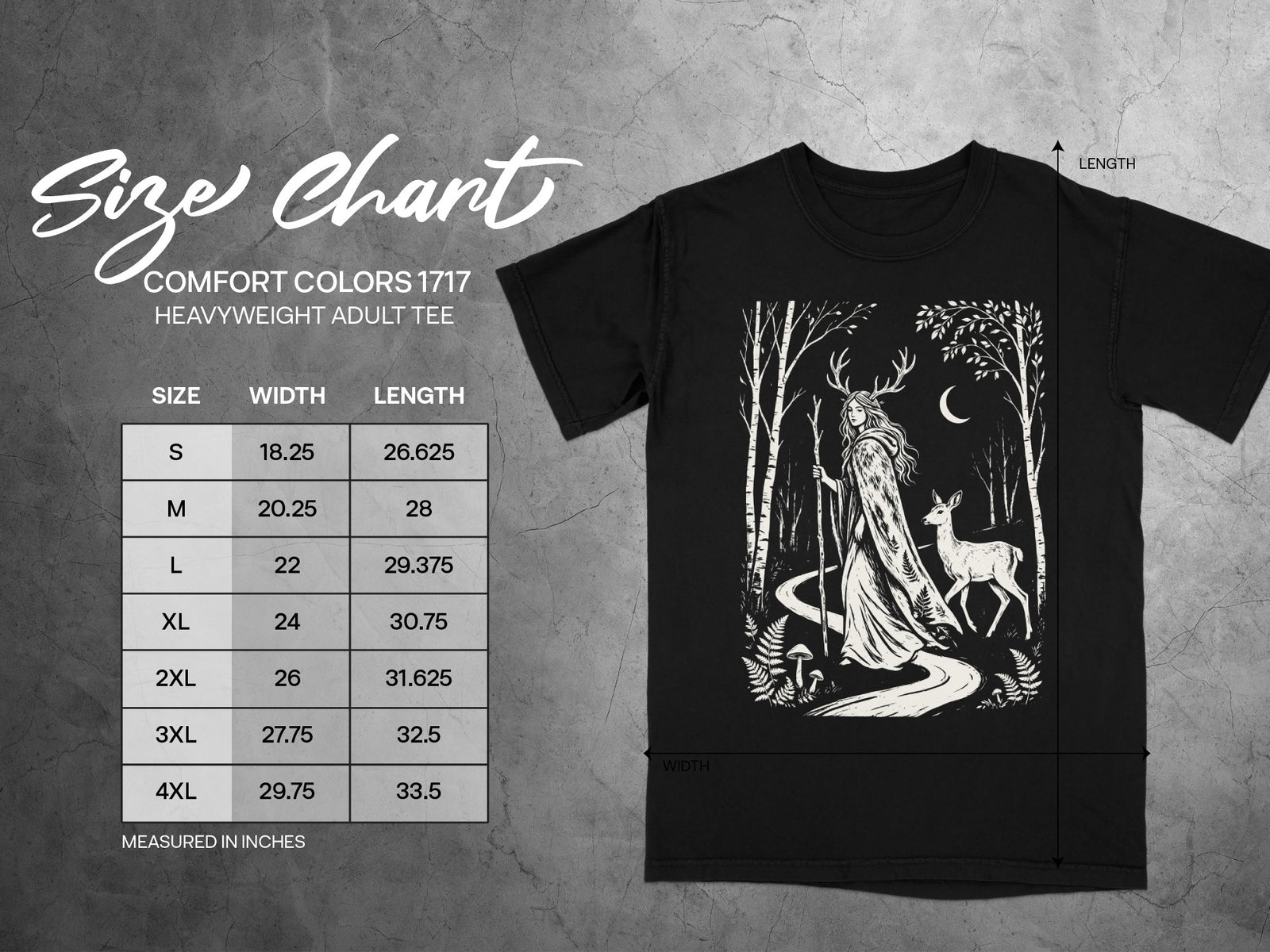 Size chart for Comfort Colors 1717 heavyweight adult tee with measurements in inches.