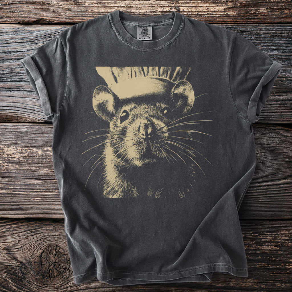 Graphic t-shirt with a close-up vintage illustration of a rat wearing a chef's hat.