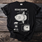 Black t-shirt with diagram of ocean sunfish with labeled fins and behaviors.
