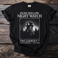 Black t-shirt with "Hush Hollow Night Watch" and fire lookout tower graphic.