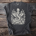 Dark grey t-shirt with a cream coiled dragon-like creature wearing a crown and wings.
