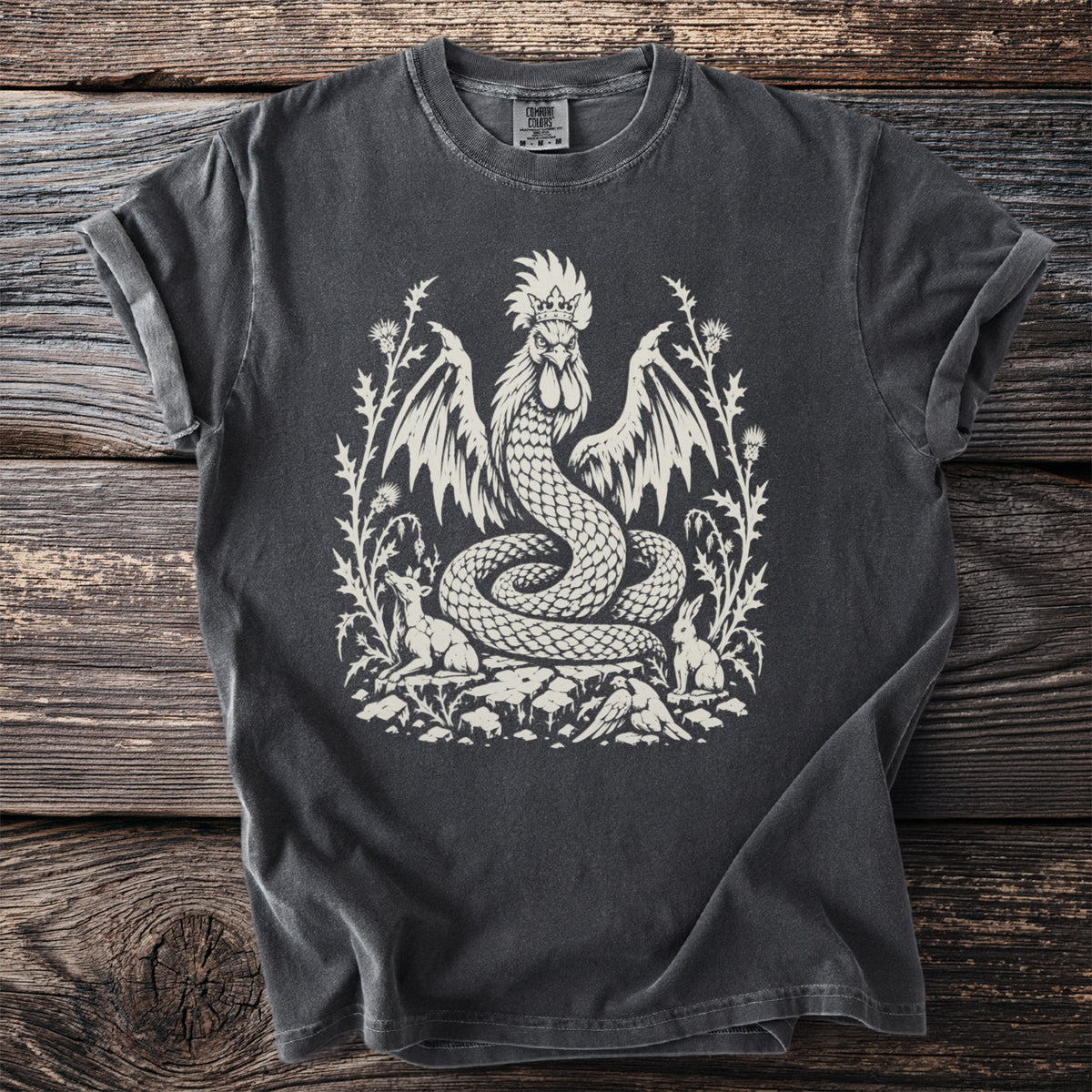 Dark grey t-shirt with a cream coiled dragon-like creature wearing a crown and wings.