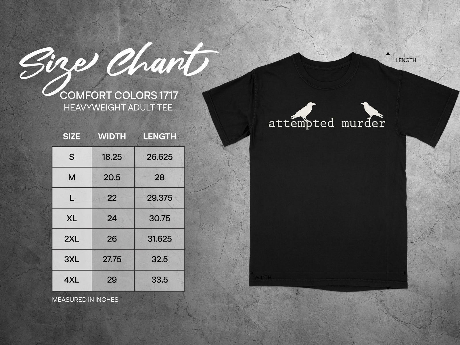 Comfort Colors 1717 heavyweight adult tee size chart with measurements.