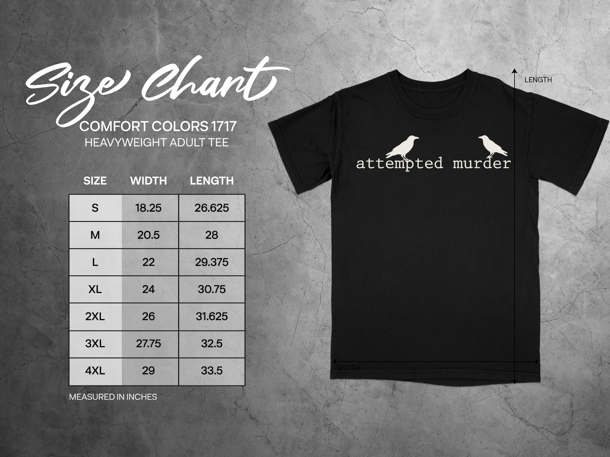Comfort Colors 1717 heavyweight adult tee size chart with measurements.