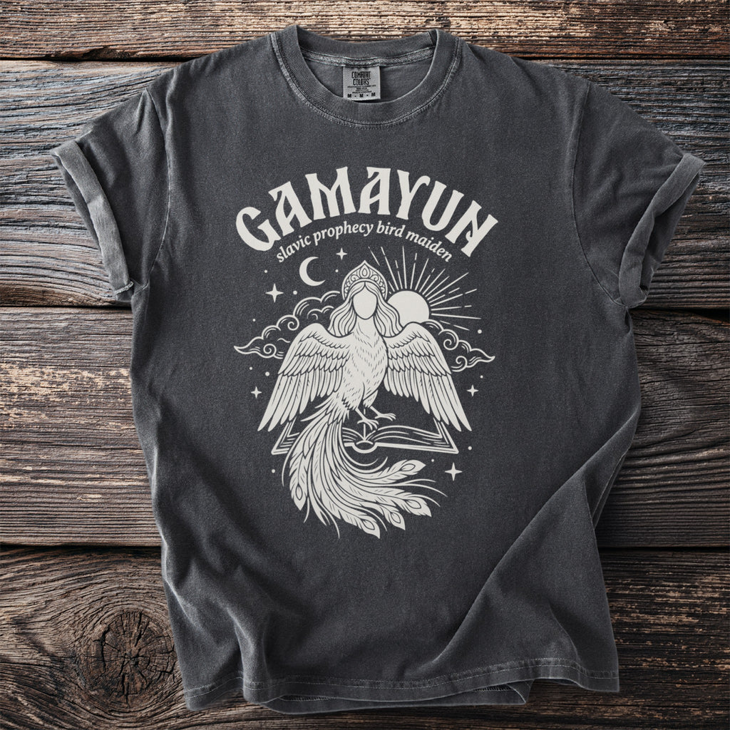 Dark gray t-shirt with white "Gamayun" text and a Slavic prophecy bird maiden graphic.
