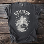 Dark gray t-shirt with white "Gamayun" text and a Slavic prophecy bird maiden graphic.
