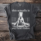 Dark gray t-shirt with a horse sitting and the text "this actually is my first rodeo".