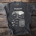 Malayan Tapir anatomy diagram with body length and traits on a charcoal t-shirt.