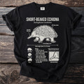 Black t-shirt with educational print about short-beaked echidnas, including features and biology.