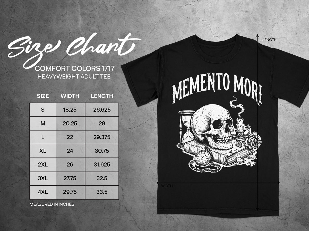 Size chart for black Comfort Colors 1717 heavyweight adult tee with "Memento Mori" graphic.