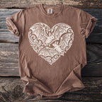 Brown t-shirt with cream heart design featuring two bats and ornate details.