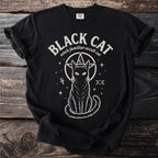 Black t-shirt with white print of a cat within a pentagram and occult symbols.