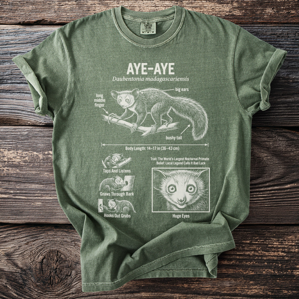 Green t-shirt with Aye-Aye illustration, scientific name, and facts.