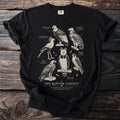 Black t-shirt with illustrations of raptors and identifying text.