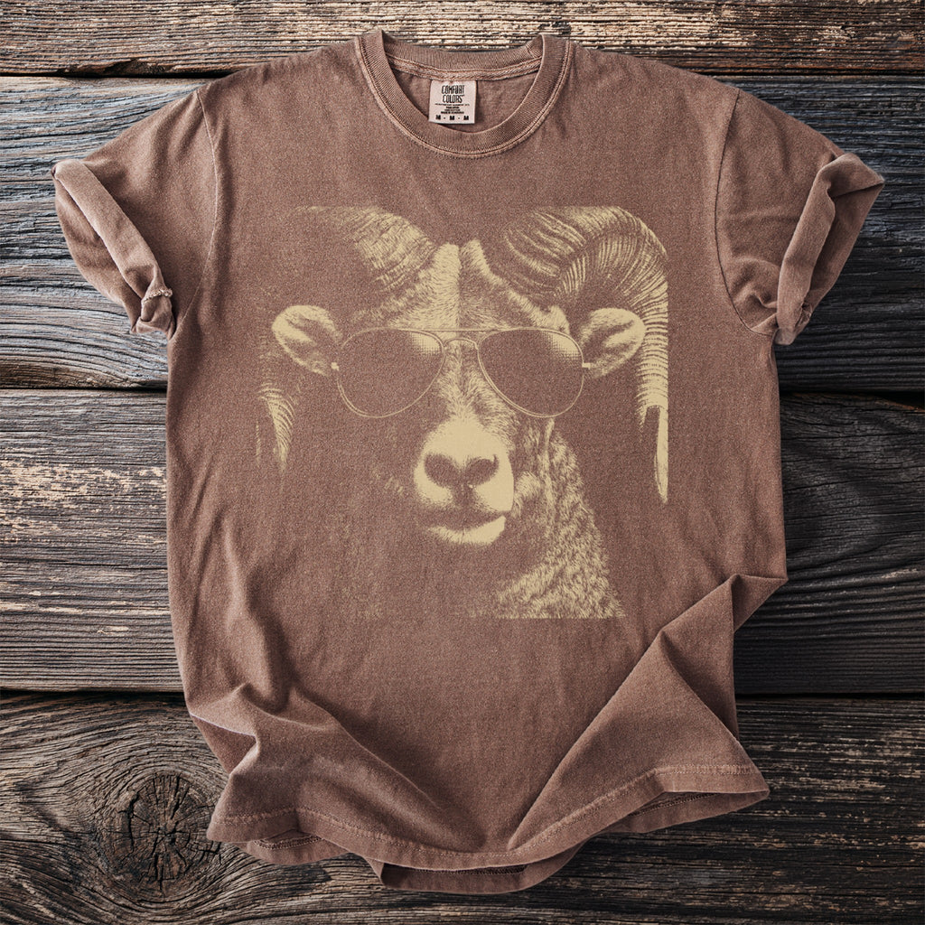 Brown t-shirt with a sepia-tone graphic of a ram wearing sunglasses.