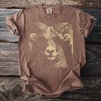 Brown t-shirt with a sepia-tone graphic of a ram wearing sunglasses.
