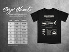Whale shark anatomy diagram and adult tee size chart in inches.