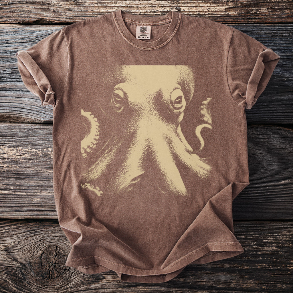 Brown t-shirt with a tan octopus graphic and "Comfort Colors" tag.