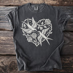 Gray t-shirt with white swallows and roses within a heart design.