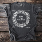 Dark grey t-shirt with "LOVE THE UNLOVED" surrounded by insects and thistles.
