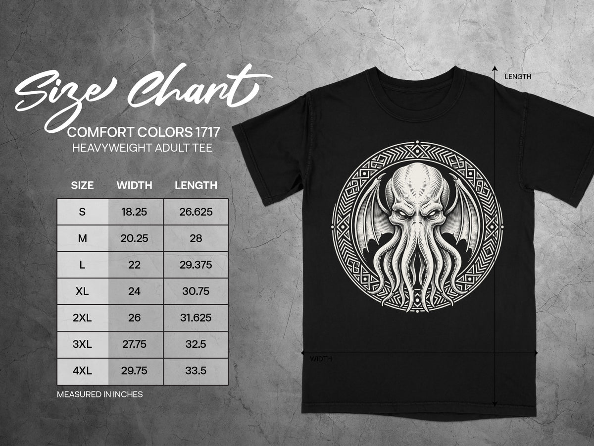 Black Comfort Colors 1717 heavyweight adult tee size chart with width and length measurements.