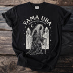 Black t-shirt with white graphic of Yama Uba, Japanese mountain witch yokai.