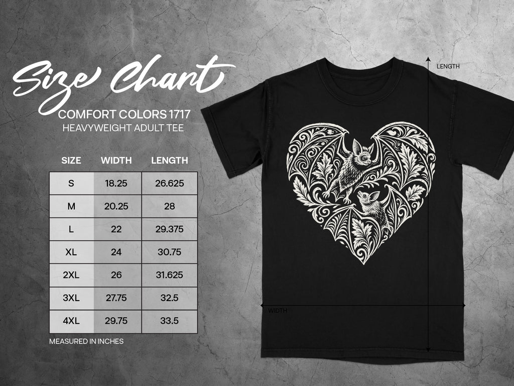 Size chart for Comfort Colors 1717 heavyweight adult tee with bat heart graphic.