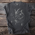 Dark t-shirt with a detailed black and white graphic of a monstrous horned creature.