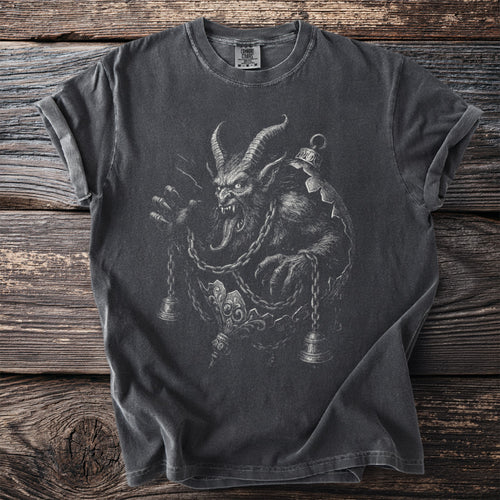 Dark t-shirt with a detailed black and white graphic of a monstrous horned creature.