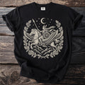 Valkyrie riding a winged Pegasus with shield and spear amid stars and oak leaves.