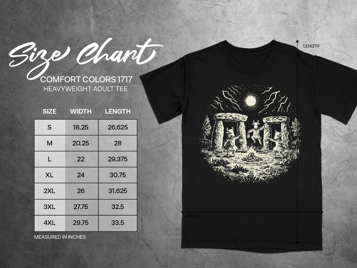 Comfort Colors 1717 heavyweight adult tee size chart with width and length measurements in inches.