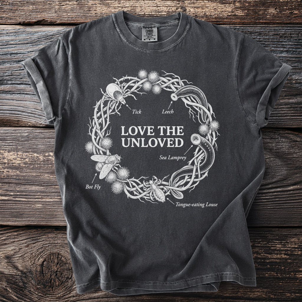 Dark grey t-shirt with a wreath of insects including bot fly, tick, leech, sea lamprey and tongue-eating louse.