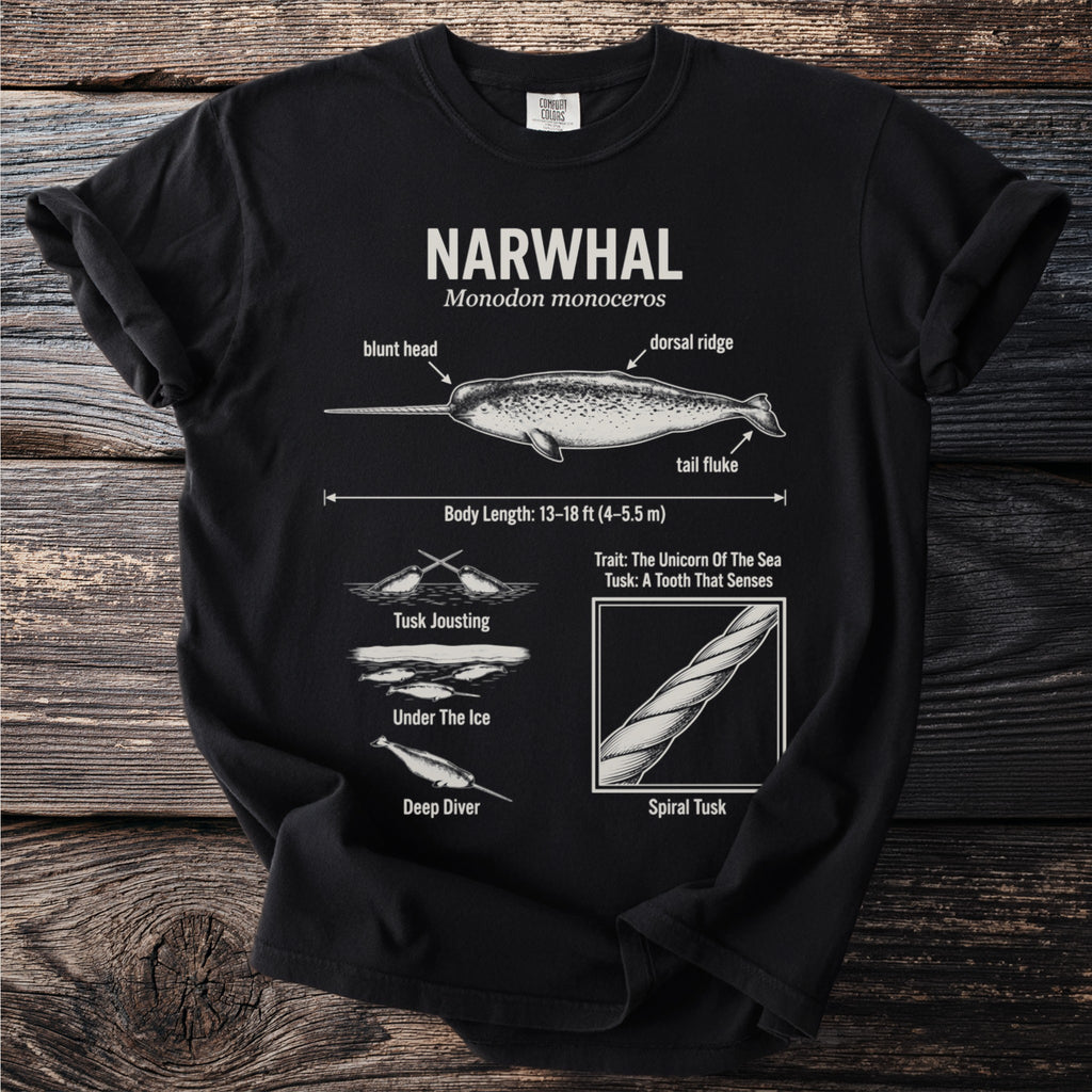Black t-shirt with diagram of narwhal and text detailing its anatomy and traits.