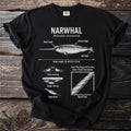 Black t-shirt with diagram of narwhal and text detailing its anatomy and traits.