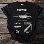 Black t-shirt with diagram of narwhal and text detailing its anatomy and traits.