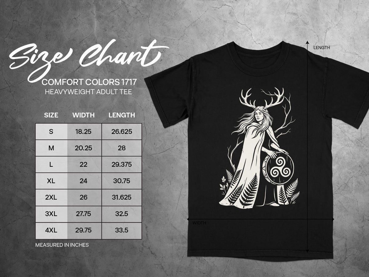 Size chart for Comfort Colors 1717 heavyweight adult tee with measurements in inches.
