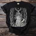Black t-shirt with forest scene featuring a deer, a woman with antlers, and a crescent moon.
