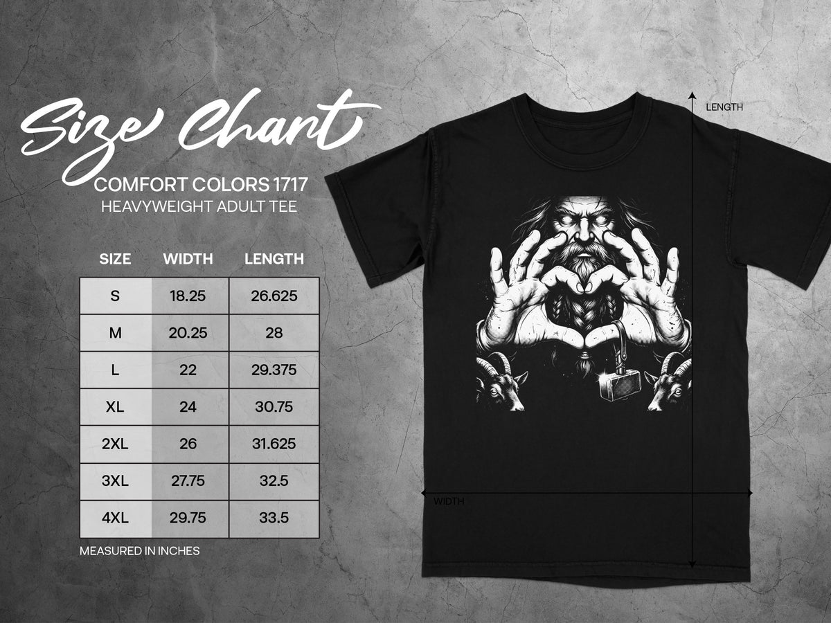Size chart for Comfort Colors 1717 heavyweight adult tee, with measurements in inches.