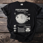 Black t-shirt with a scientific illustration of a porcupinefish, its features labeled.
