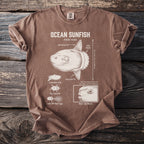 Brown t-shirt displaying an illustration of an ocean sunfish with descriptive labels.