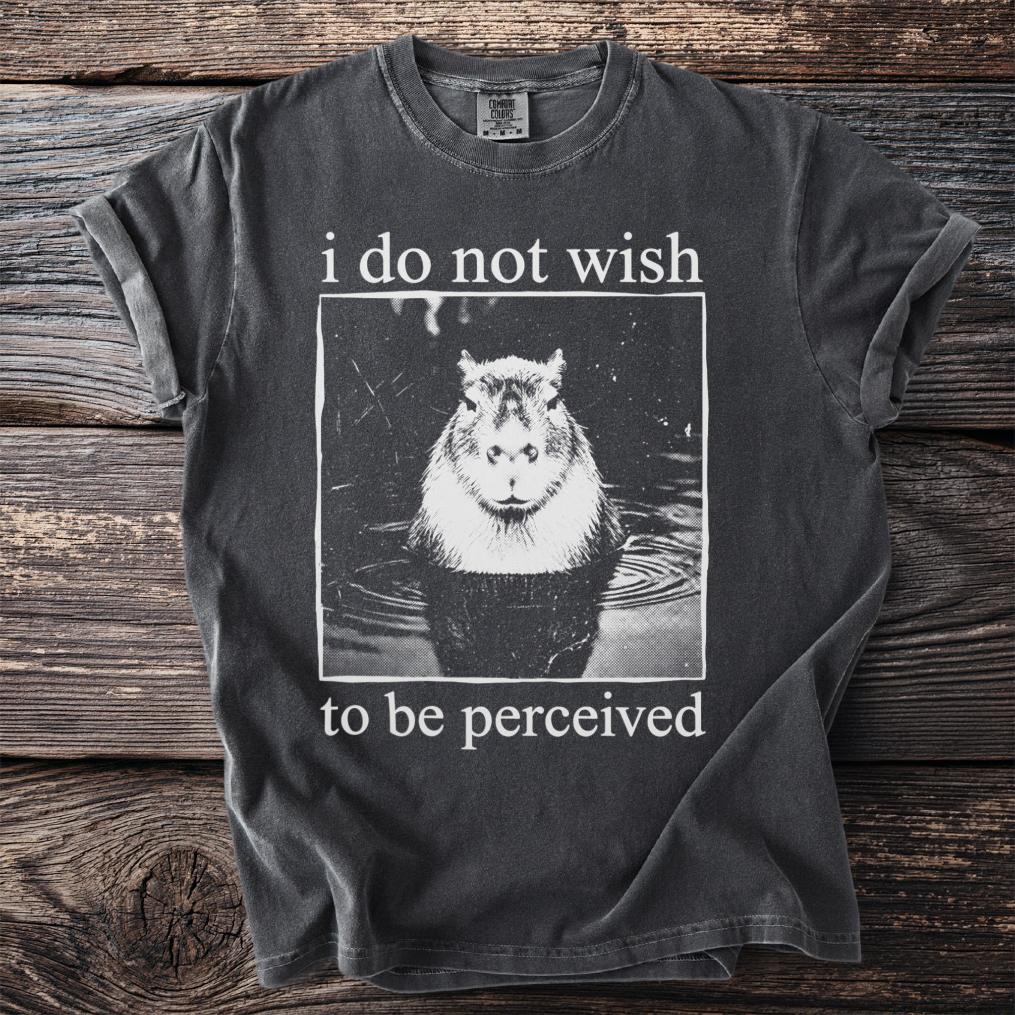 Dark gray t-shirt with a capybara in water and text "i do not wish to be perceived".