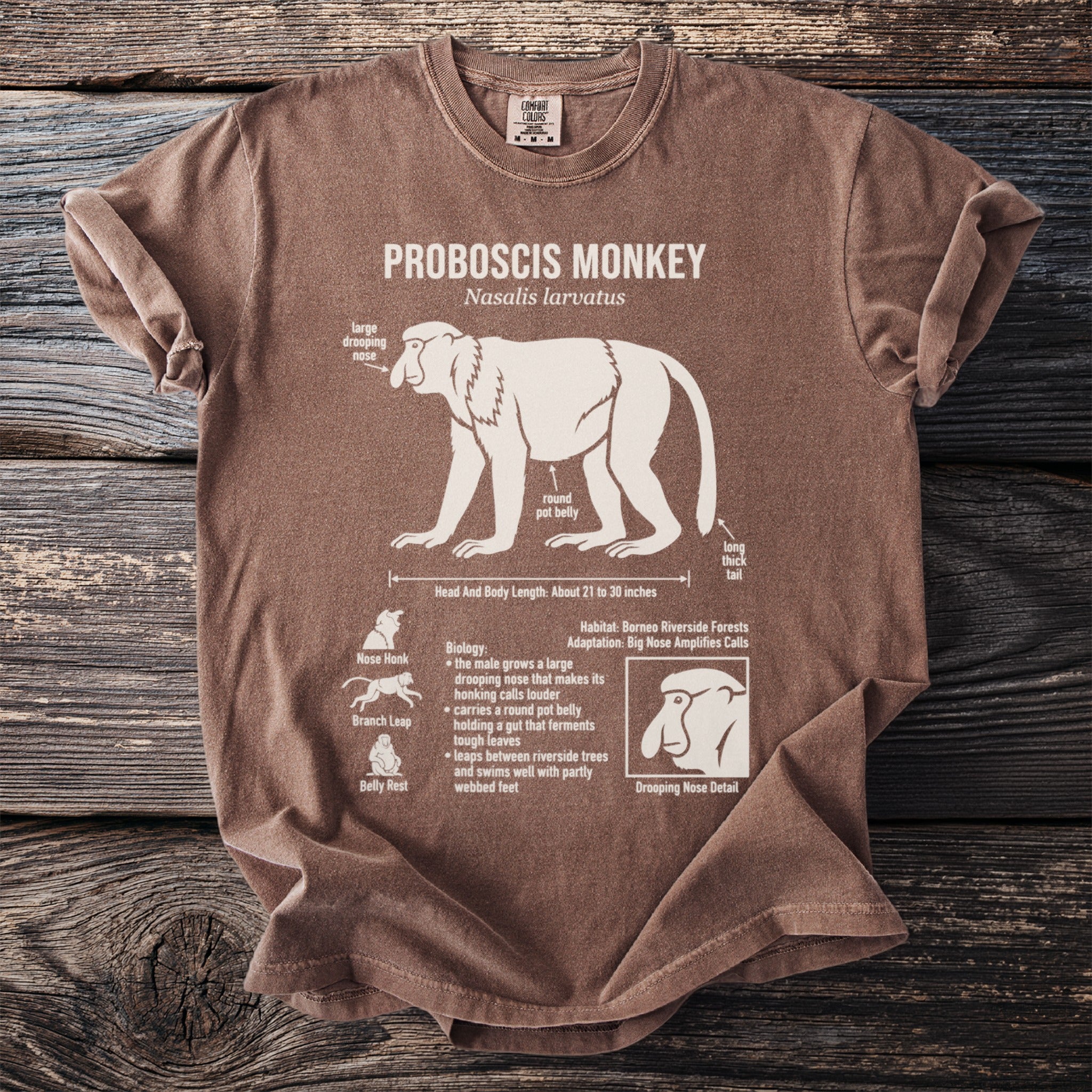 T-shirt with diagram of a Proboscis Monkey and its biological features.