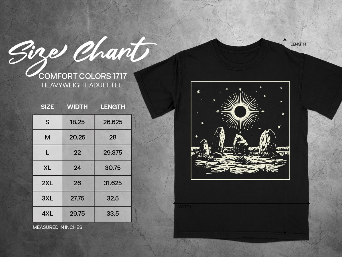 Comfort Colors 1717 heavyweight adult tee size chart with width and length measurements in inches.