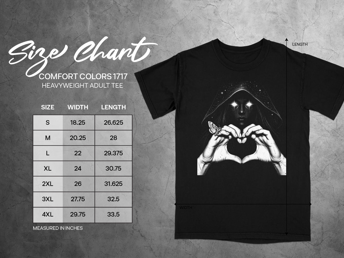 Comfort Colors 1717 heavyweight adult tee size chart with width and length measurements in inches.